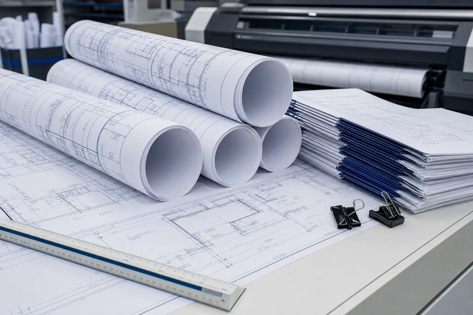 Rolled architectural blueprints and construction plan sets