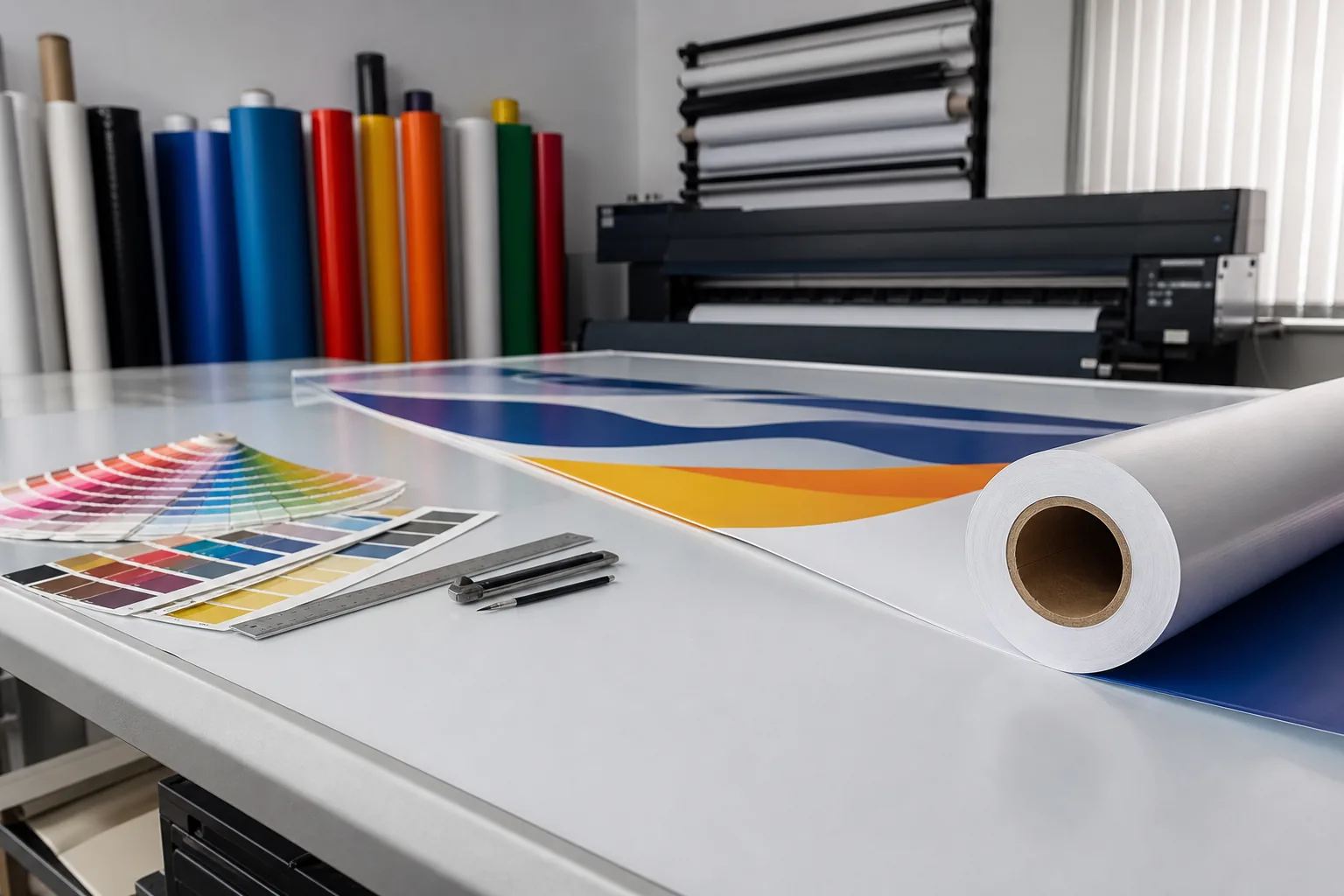 Printed sign and banner materials on a production table
