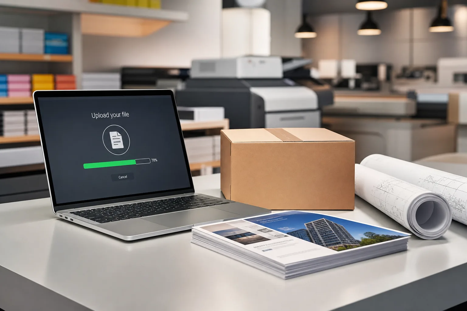 Laptop, printed documents, plans, and shipping materials for file upload orders